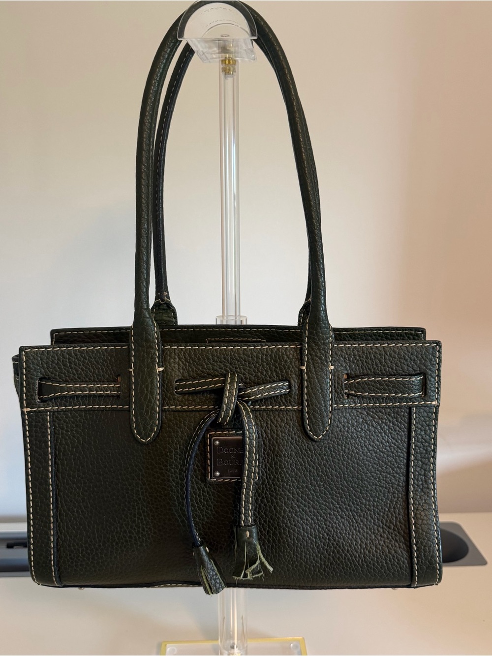 Dooney & Bourke Dark Green Pebbled Leather Satchel with Contrast Stitching
